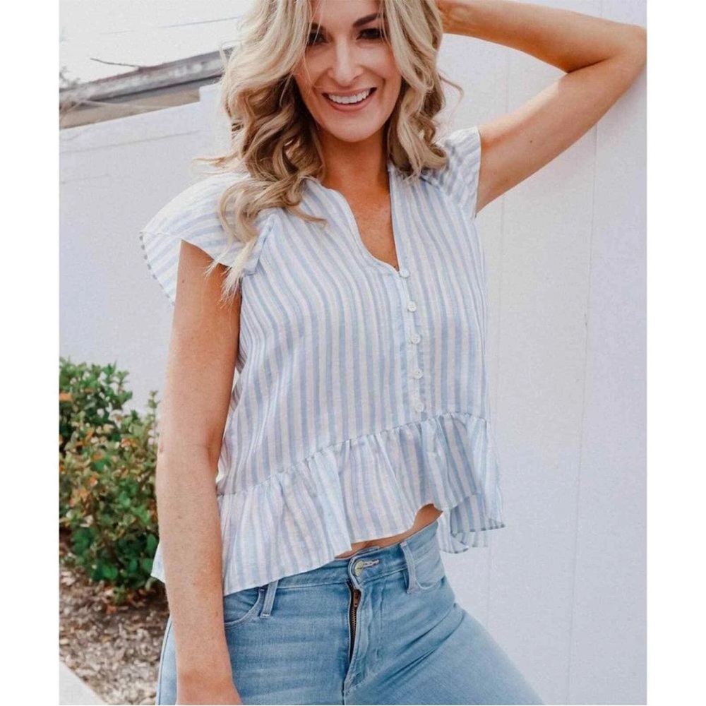 Veronica Beard Maple White Blue Linen Silk Striped Flutter Sleeve Blouse size 0 - Picture 2 of 10
